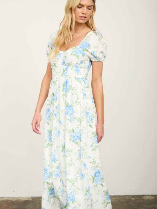 Dresses & Skirts - Floral Ruched Bust Puff Sleeve Midi Dress